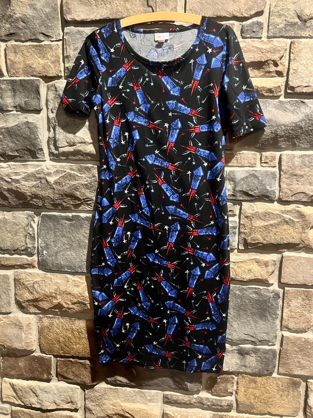 Black Rocket-Print Short Sleeve Women's Dress S